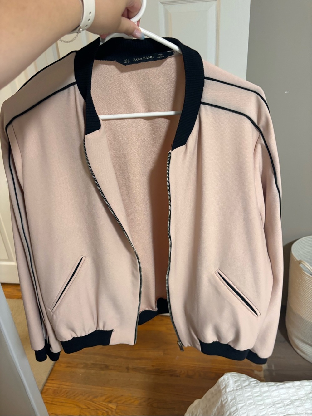Zara Blush Pink Bomber Jacket with Black Trim